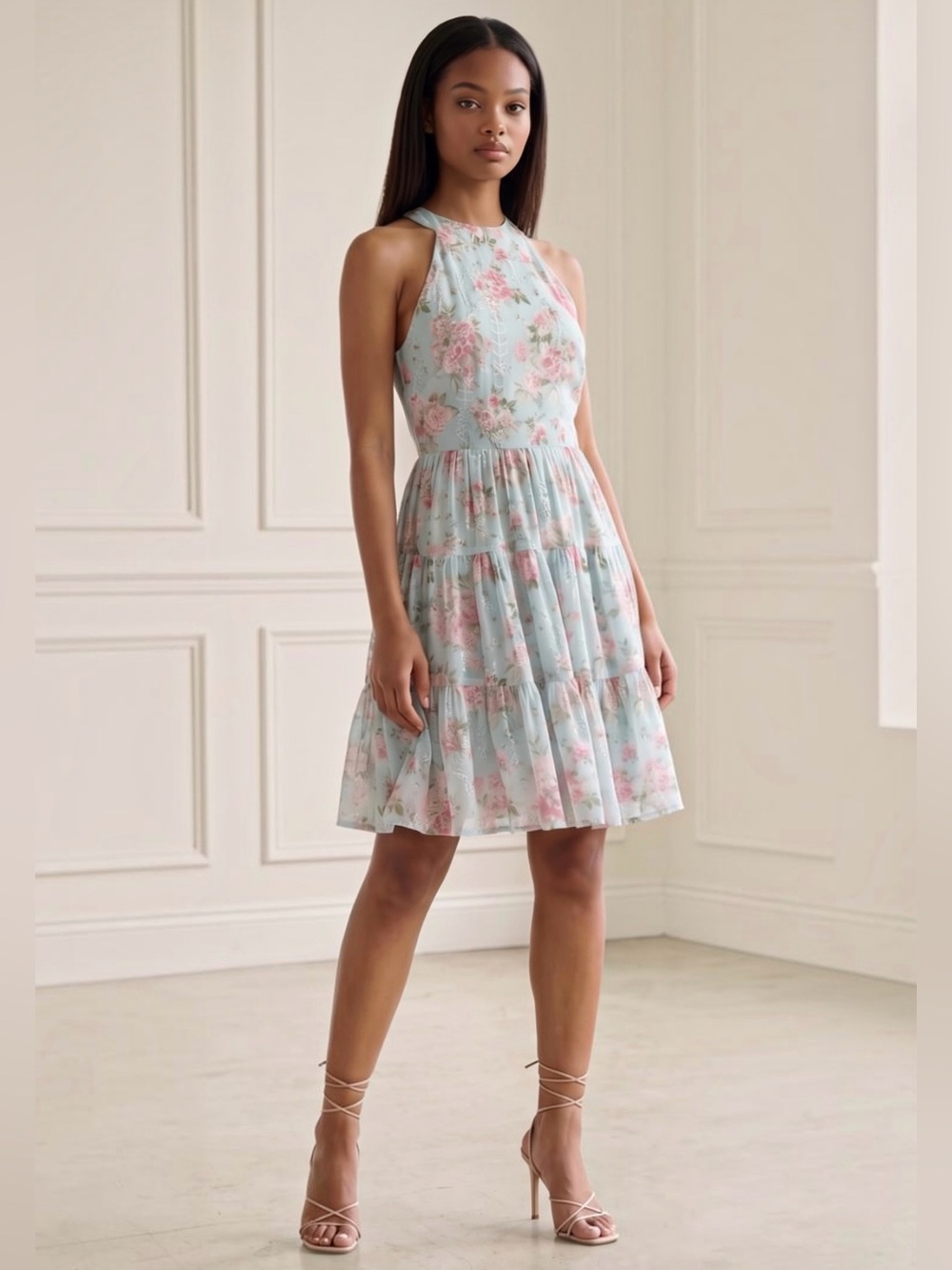 Eliza J Dress Mint Green Floral Eyelet Halter Dress Size 8 (Video)